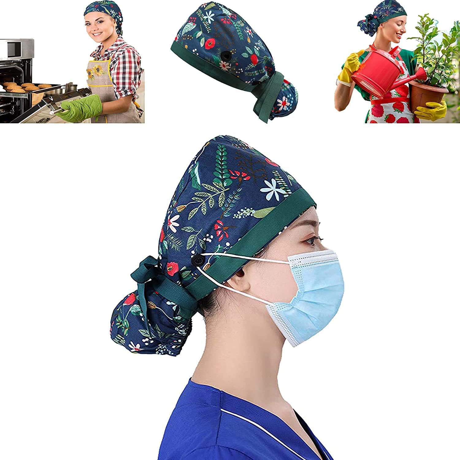 DELFINO Women's Home Working Cap with Buttons & Adjustable Ribbon