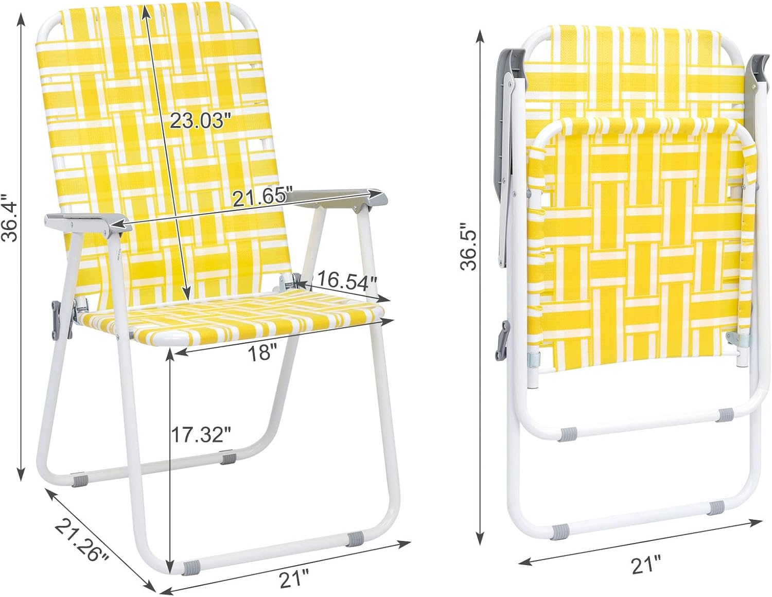 Set of 2 Folding Patio Lawn Chairs, Modern Yellow PP Braided Beach Chairs, High Back Seat, Portable Camping Chairs for Yard, Garden, Beach, Fishing