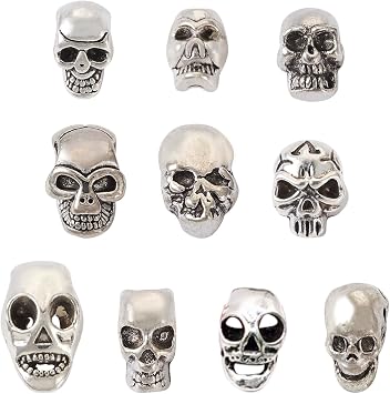 Elecrelive 50Pcs Alloy Skull Beads Skeleton Head Beads 10 Styles Antique Silver Halloween Charms for Gothic Necklace Bracelets Earrings Jewelry Making