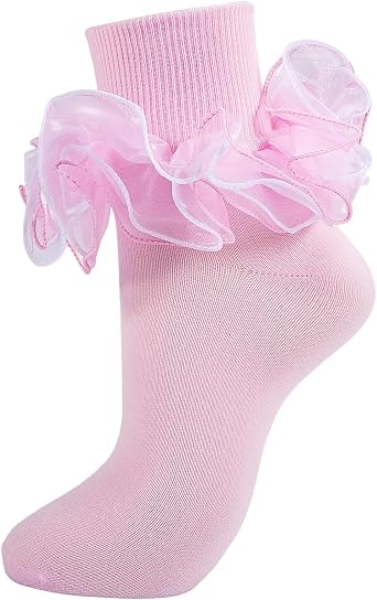 Women Big Ruffle Ankle Socks Adult Fluffy 4-Layer Lace Frilly Socks Fold Cuff Cotton Fancy Ruffled Dress Bobby Sock