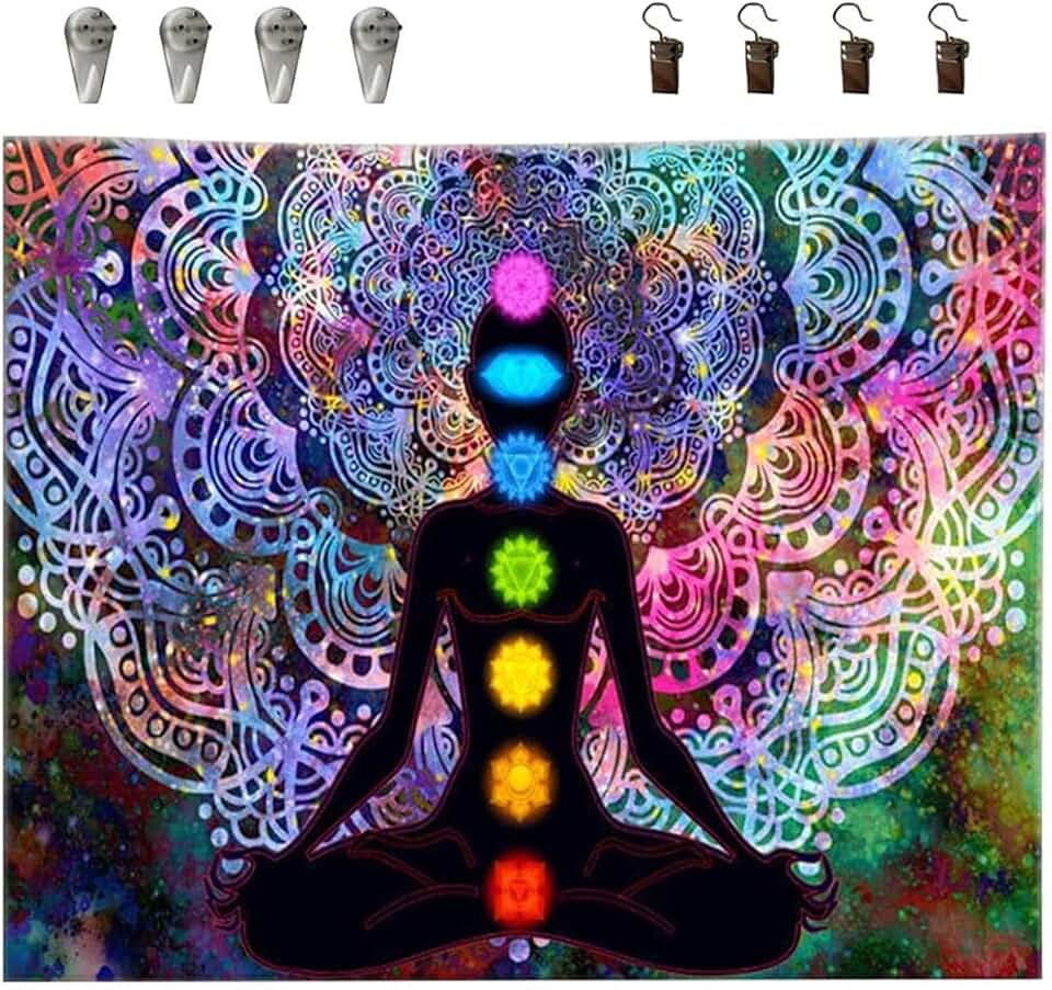 Tapiz Colgante de Pared, Tapiz Pared Yoga Mandala, Tapiz de Mandala Psicodélico Colorido, Tapiz de Meditación de Yoga, con 4 Clips y 4 Ganchos, para Colgar en el Estudio, Dormitorio, Estudio de Yoga