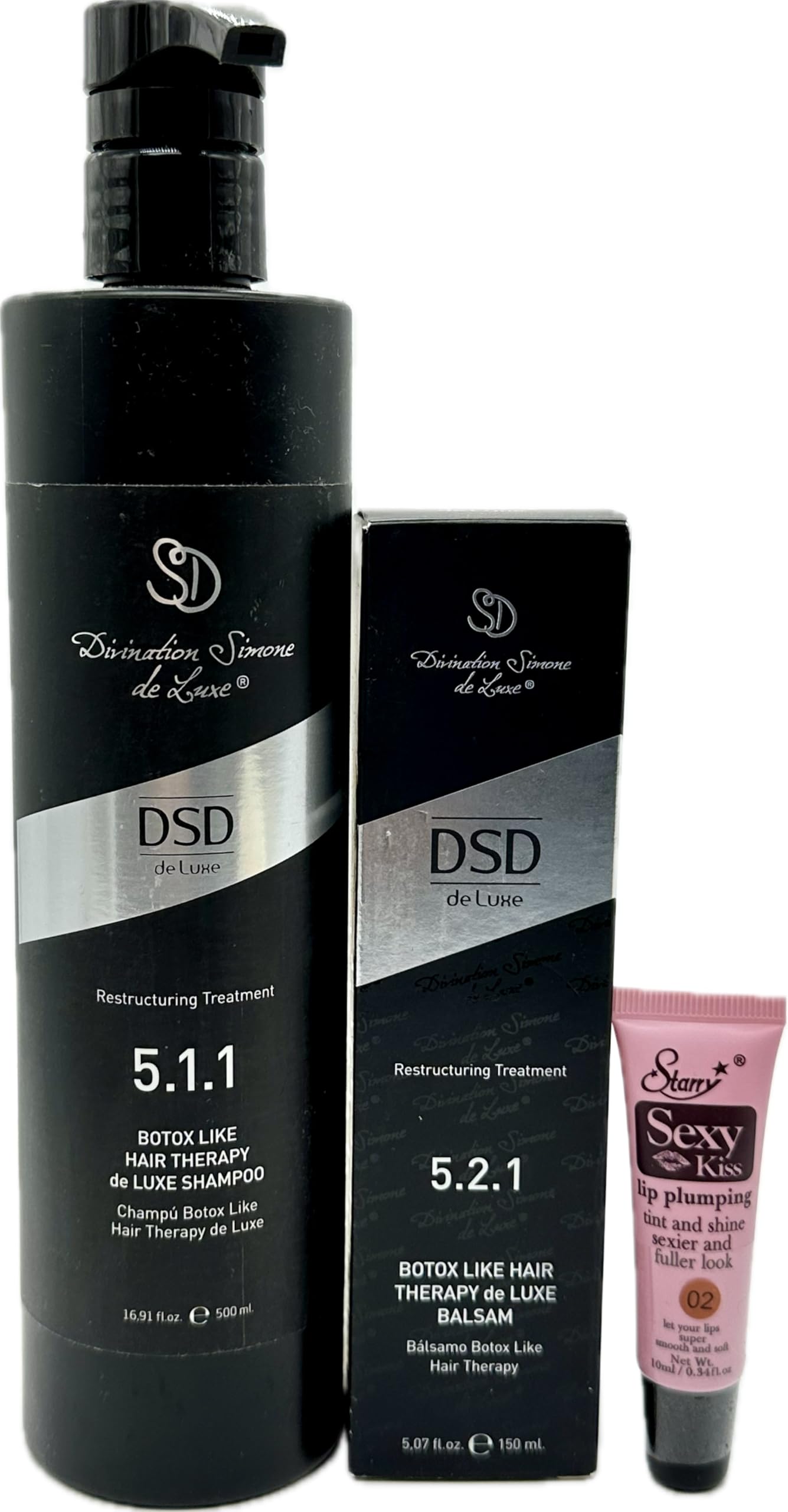 Divination Simone De Luxe (5.1.1) Botox Hair Therapy de Luxe Shampoo 16.9 fl oz & (5.2.1) Botox Hair Therapy de Luxe Balsam 5.07 fl oz - Free Starry Lip Plumping Gloss 10ml