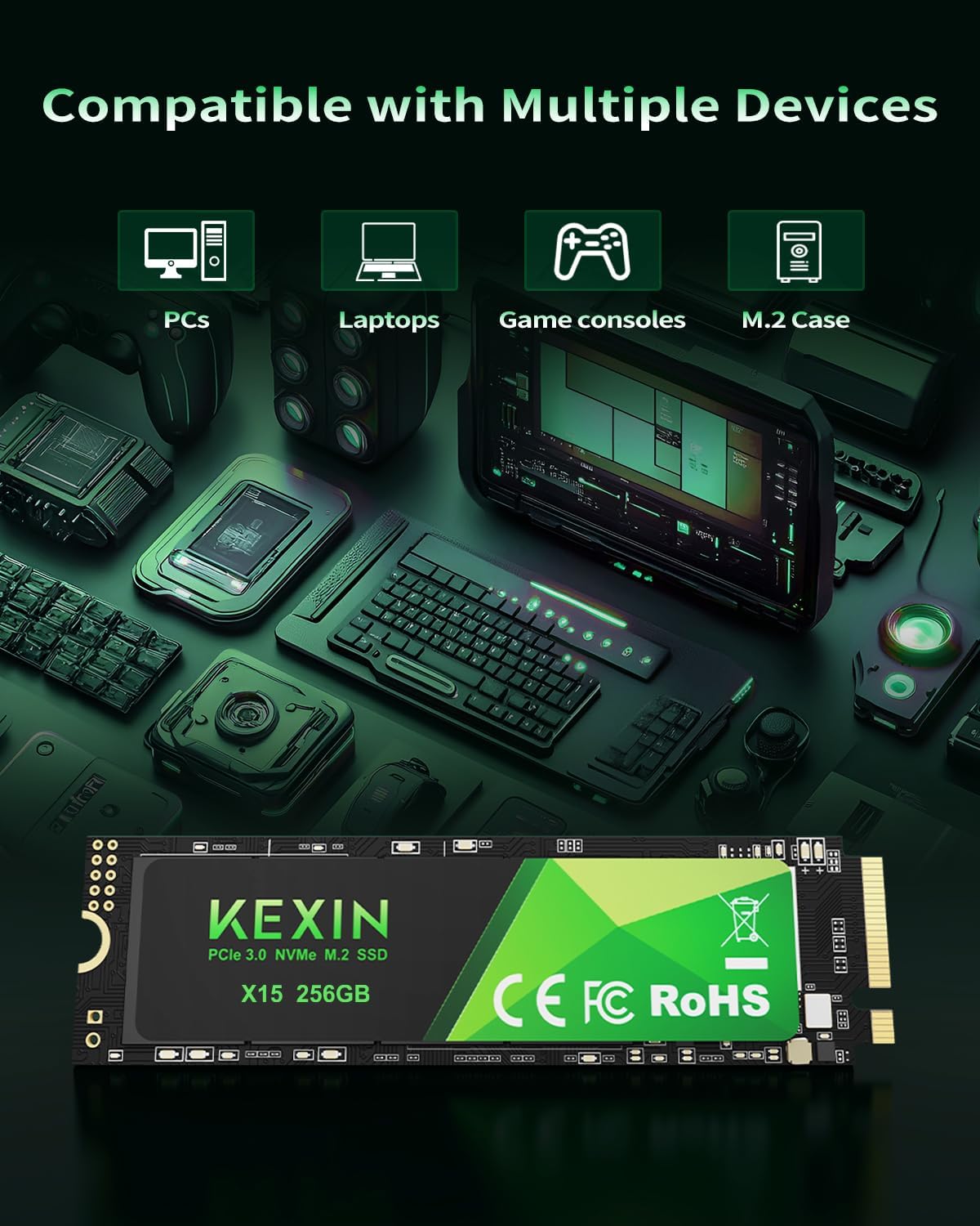 KEXIN SSD M.2 NVMe Internal SSD 256GB M.2 2280, PCIe Gen 3.0, up to 2800 MB/s Read, 2300 MB/s Write, Internal Solid State Drive Compatible with Laptop,PC,Gaming Black,256GB