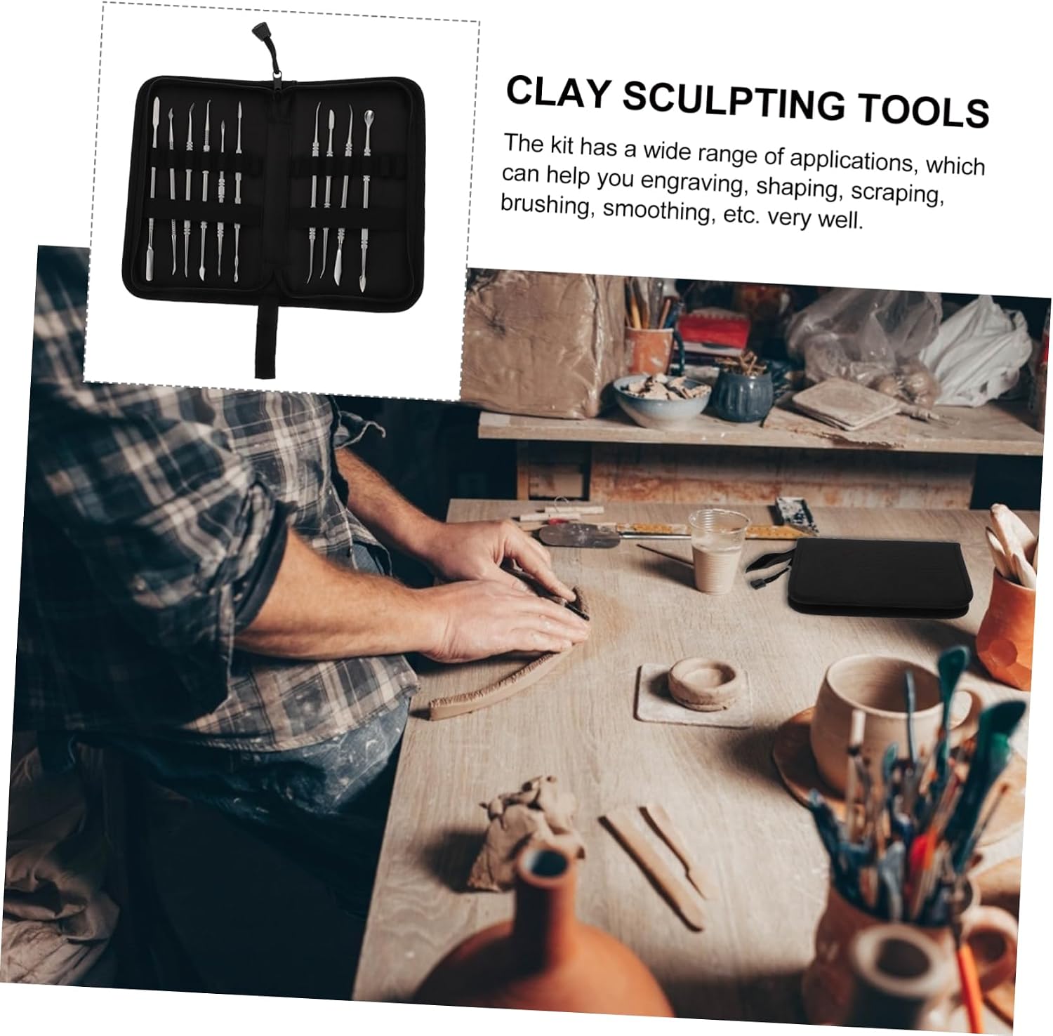 Homoyoyo 10pcs Clay Set Clay Modeling Tools with Storage Bag Stainless Steel Tool Set for DIY Pottery