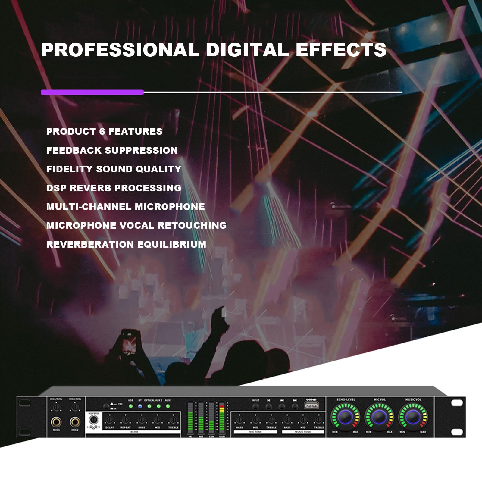 Procesador de audio digital con supresor de retroalimentación, reverberación DSP antiaullidos, reproductor MP3 Bluetooth, USB, mezclador de micrófono multicanal con efectos vocales