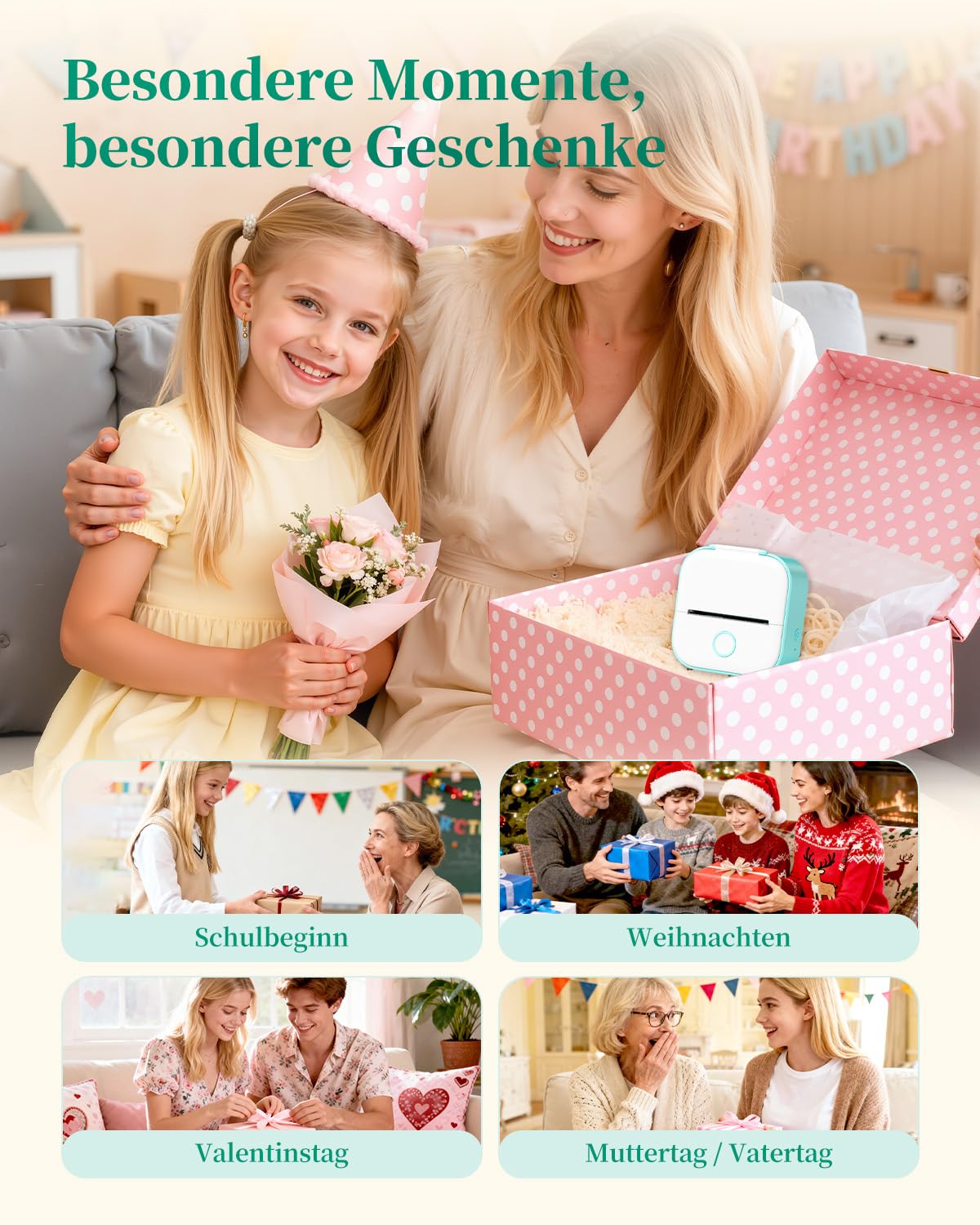 Mini Drucker T02 Mini Drucker für Smartphone Fotodrucker Mini Thermodrucker | Bluetooth Etikettendrucker Minidrucker Aufkleber Drucker für Geschenke, Studiennotizen, Anatomische Diagramme, Fotos