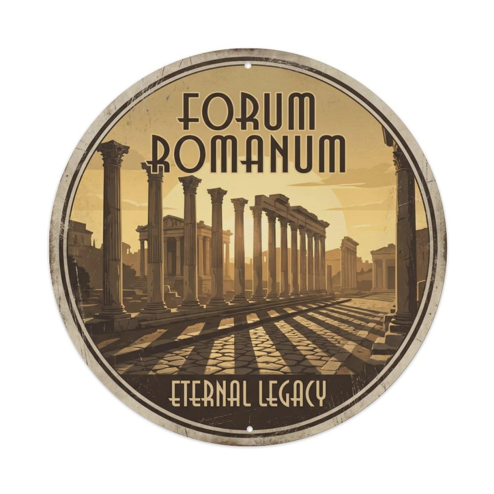 Vintage Travel Forum Colonnade Temple Metal Tin Sign Plaque Wall Decor for Cafe, Club, Garden Round Metal Poster 8x8Inch