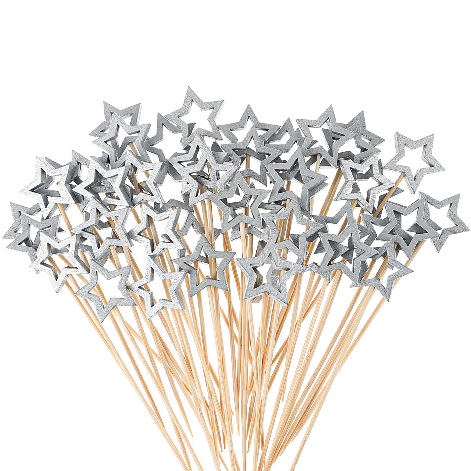 50 Pcs Silver Star Cocktail Picks 5.5 Inch Long Decorative Wooden Toothpicks Bamboo Cake Decoration Sticks for Appetizers Drink Garnish Fruits Skewer Party Christmas New Year Birthday(Silver)