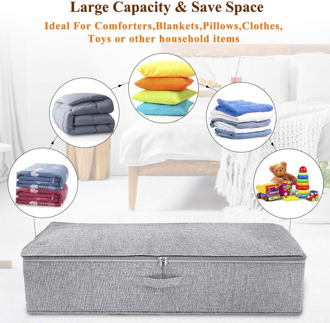 punemi Under Bed Storage, 4 Pack Underbed Storage Container Bags With Lid, Foldable Sturdy Clothes Storage Drawer Organizer W/ 3 Handles, Ultra Thick Fabric Blanket Shoe Storage Box