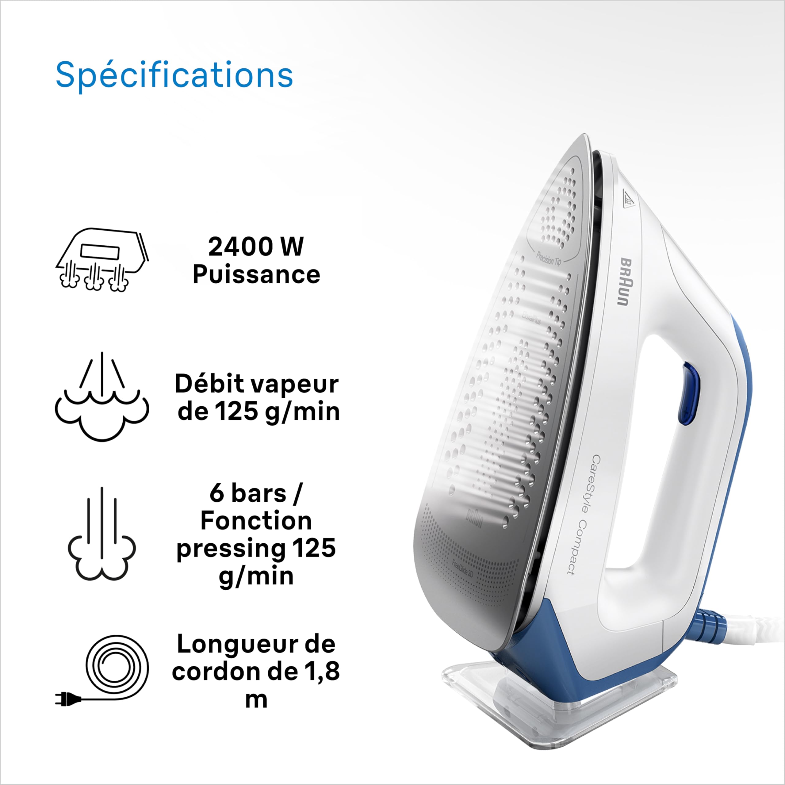 Braun CareStyle Compact - Centrale Vapeur Compacte avec Chaudière, Fer à Repasser Vapeur Puissant, Semelle EloxalPlus FreeGlide 3D, Débit Vapeur Jusqu’à 420g/min, Réservoir 1,5L, Blanc/Bleu (IS2143BL)