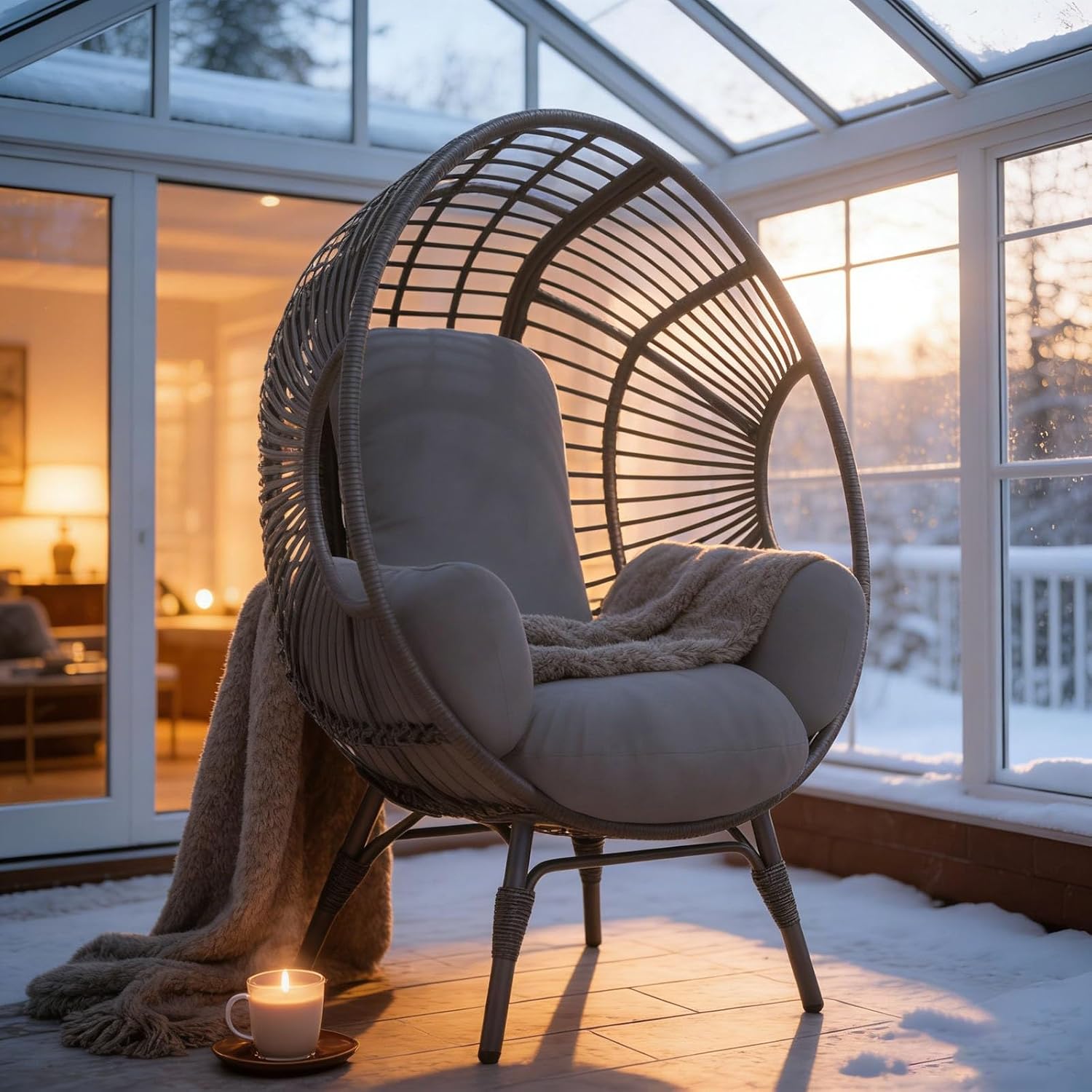 Indoor Outdoor Wicker Egg Chair, 8-Inch Soft Cotton Cushion, 400lbs Capacity, Semi-Enclosed Balcony Chairs(Black+Gray)