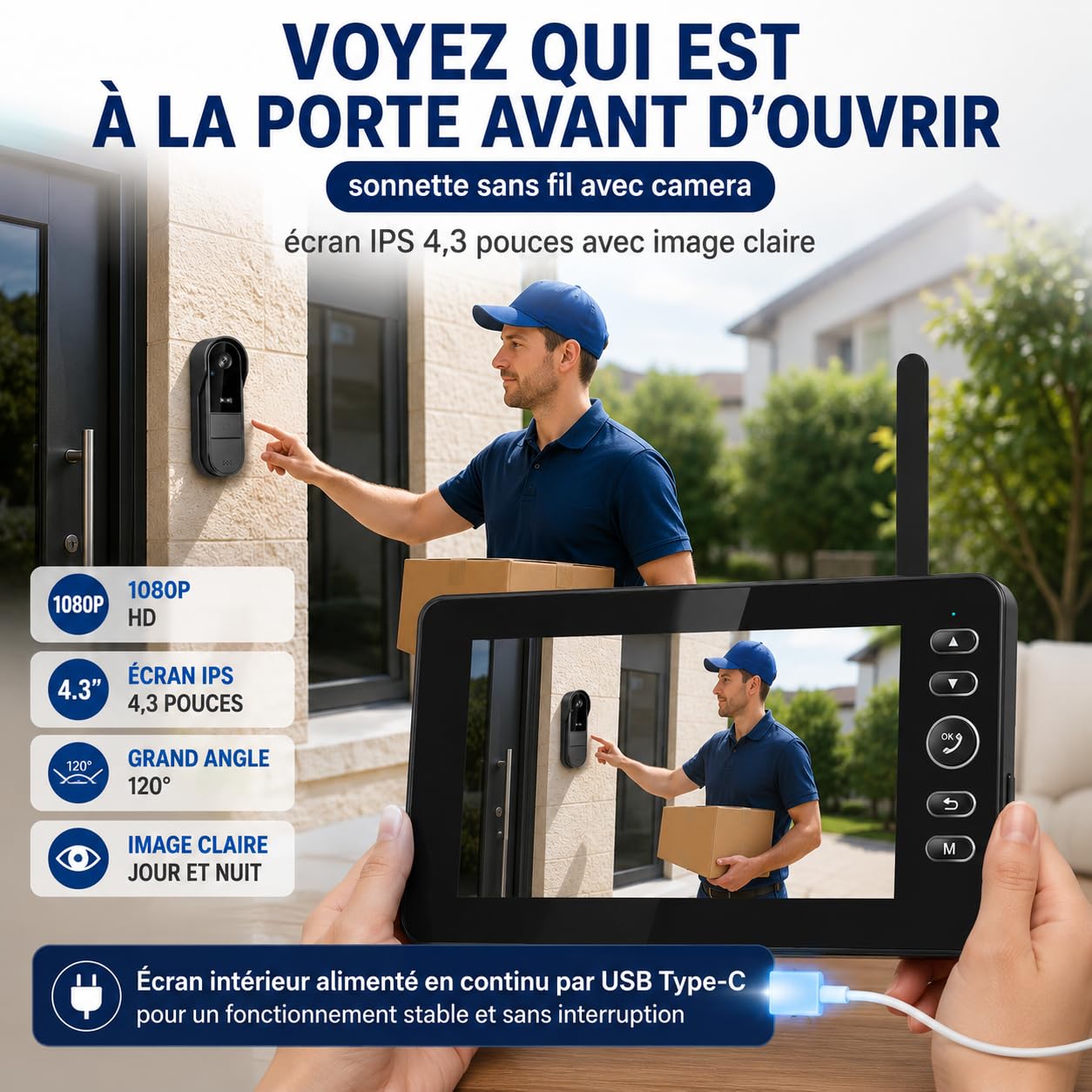 Zeerkeer Visiophone sans Fil avec Sonnette sans Fil Exterieur Etanche, Sonnette sans Fil avec Camera 1080P, Interphone sans Fil avec Écran 4,3", Carillon Vidéo, sans WiFi/App, IP65, Vision Nocturne