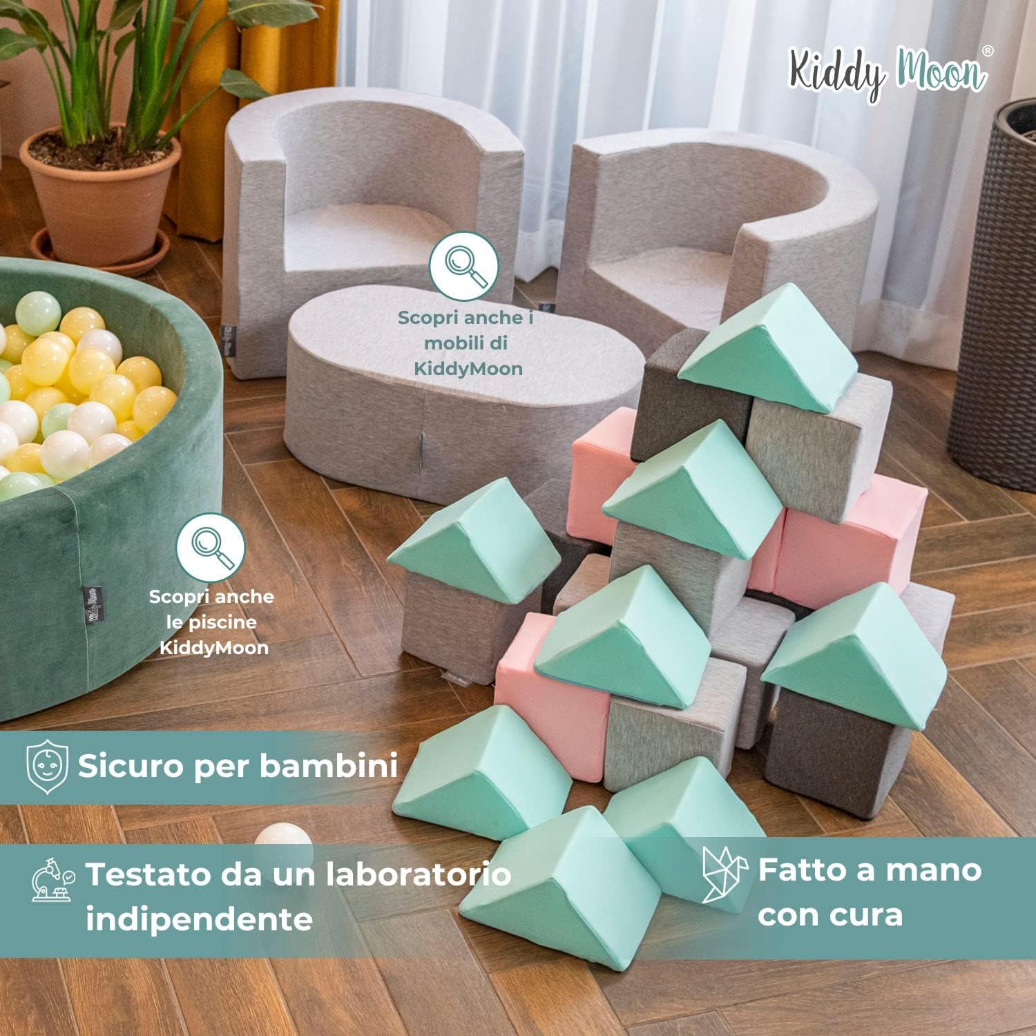 KiddyMoon Cubi Morbidi Schiuma 14 Cm, Blocchi Bambini, Fodera Velluto Zip Lavabile, Sensoriali, 12 Pezzi, Cubi: Laguna Turchese/Blu Ghiaccio/Grigio Dei Monti