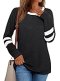 Womens Long Sleeve Shirts Color Block Casual Crewneck Tops Tshirt Basic Tee Fall Fashion Clothes Trendy Outfits