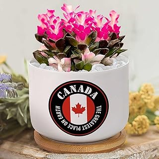 The Greatest Place On Earth Canada Planters Ceramic Canada Flag Round Flower Pots with Drainage Holes and Bamboo Tray Plant Pot for Outdoor Indoor Plants House Warming Gifts