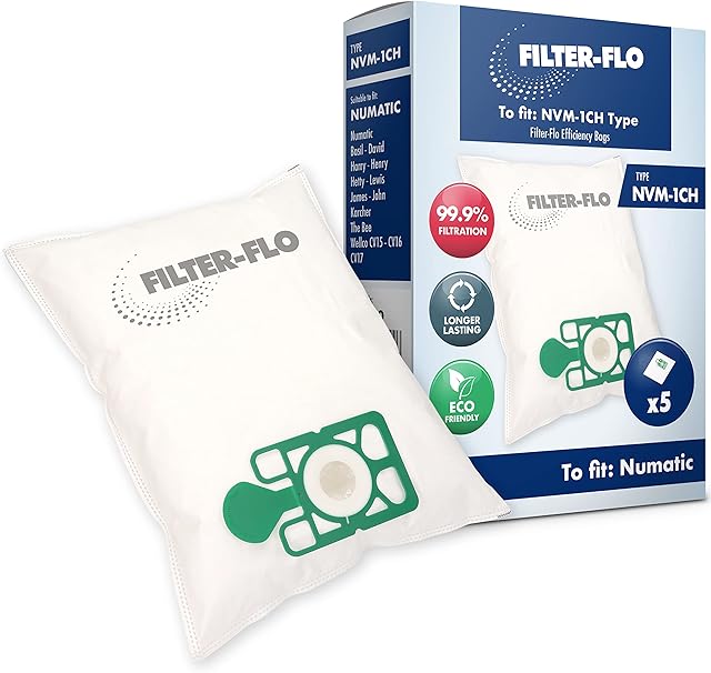 FILTER-FLO Multi Layer Vacuum Cleaner Dust Bags for Numatic Henry Hoover Hetty Bagged Vacuum Cleaners, Synthetic, Eco Friendly (Pack of 5)
