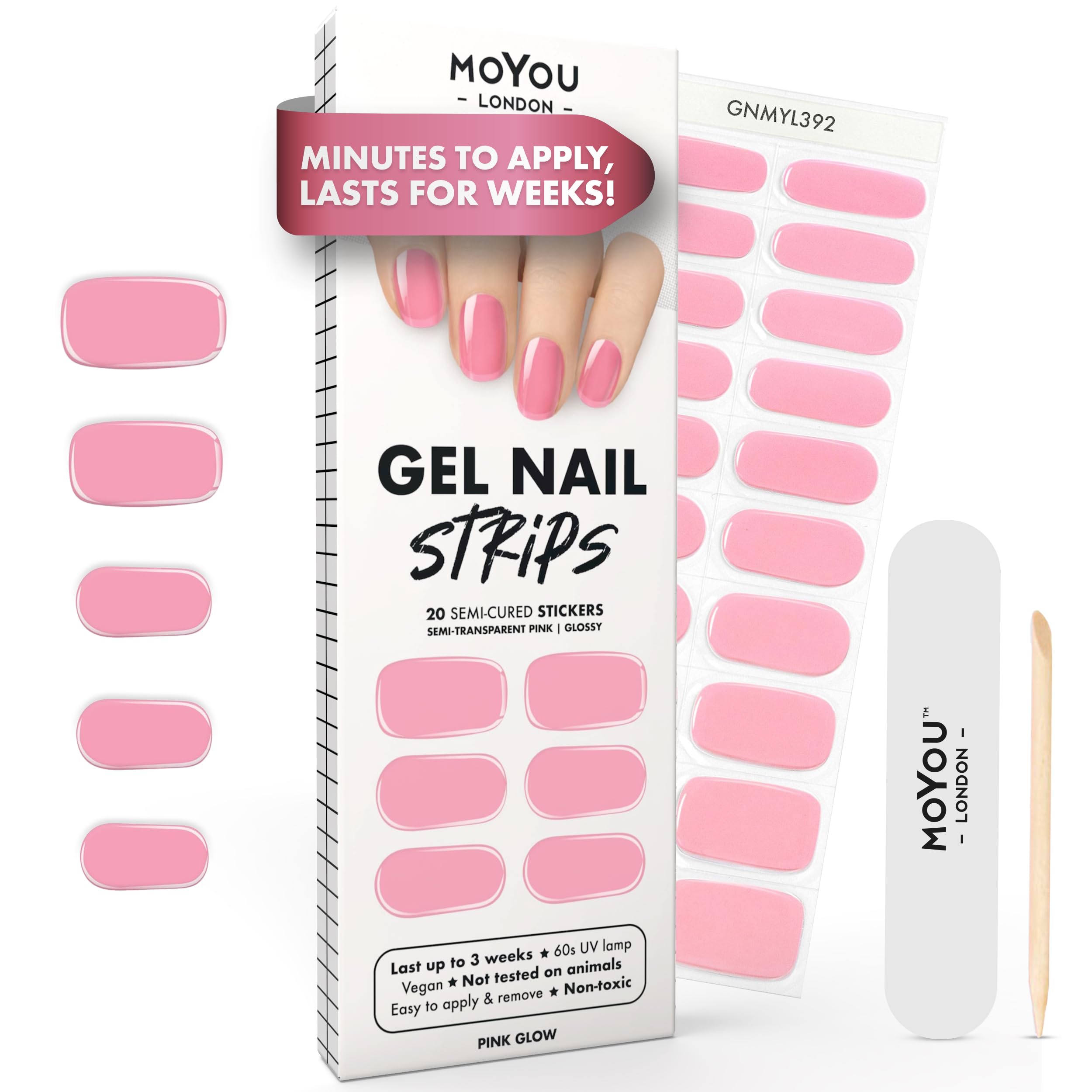 Moyou London Pink Glow Semi Cured Gel Nail Strips - 20 Pcs. Waterproof Gel Nail Wraps, Cures In Sunlight Or Uv/Led Lamp, Lasts Up To 2+ Weeks, Stretchable, Easy To Apply & Remove, Vegan & Cruelty-Free