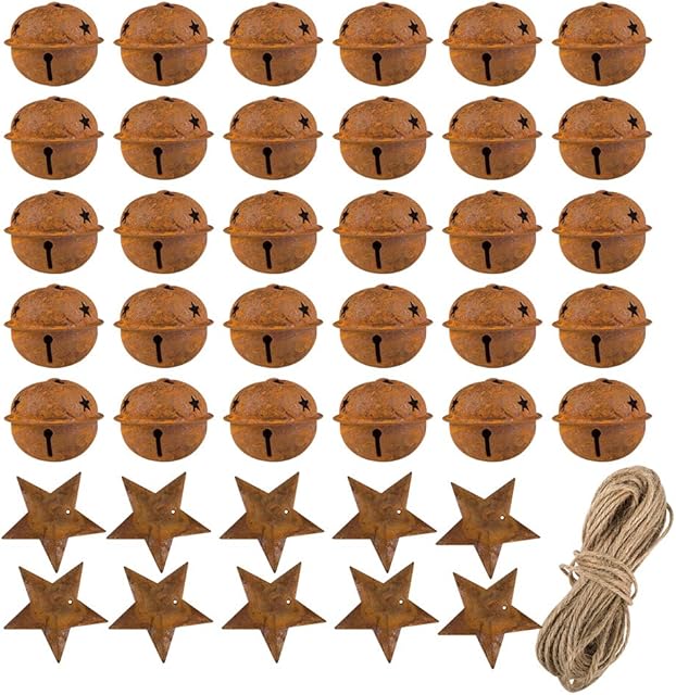 YuCool 30 Pcs Christmas Rustic Metal Bells, 1.57 Inches Craft Bells with Star Cutouts with 10 Pcs Rusty Metal Stars and Twine for Christmas Craft Decoration Supplies Holiday Embellishing