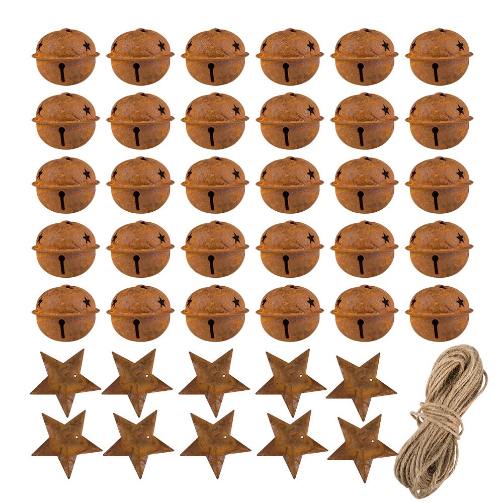 30 Pcs Christmas Rustic Metal Bells,Sonku 1.57 Inches Craft Bells with Star Cutouts with 10 Pcs Rusty Metal Stars and Twine for Christmas Craft Decoration Supplies Holiday Embellishing