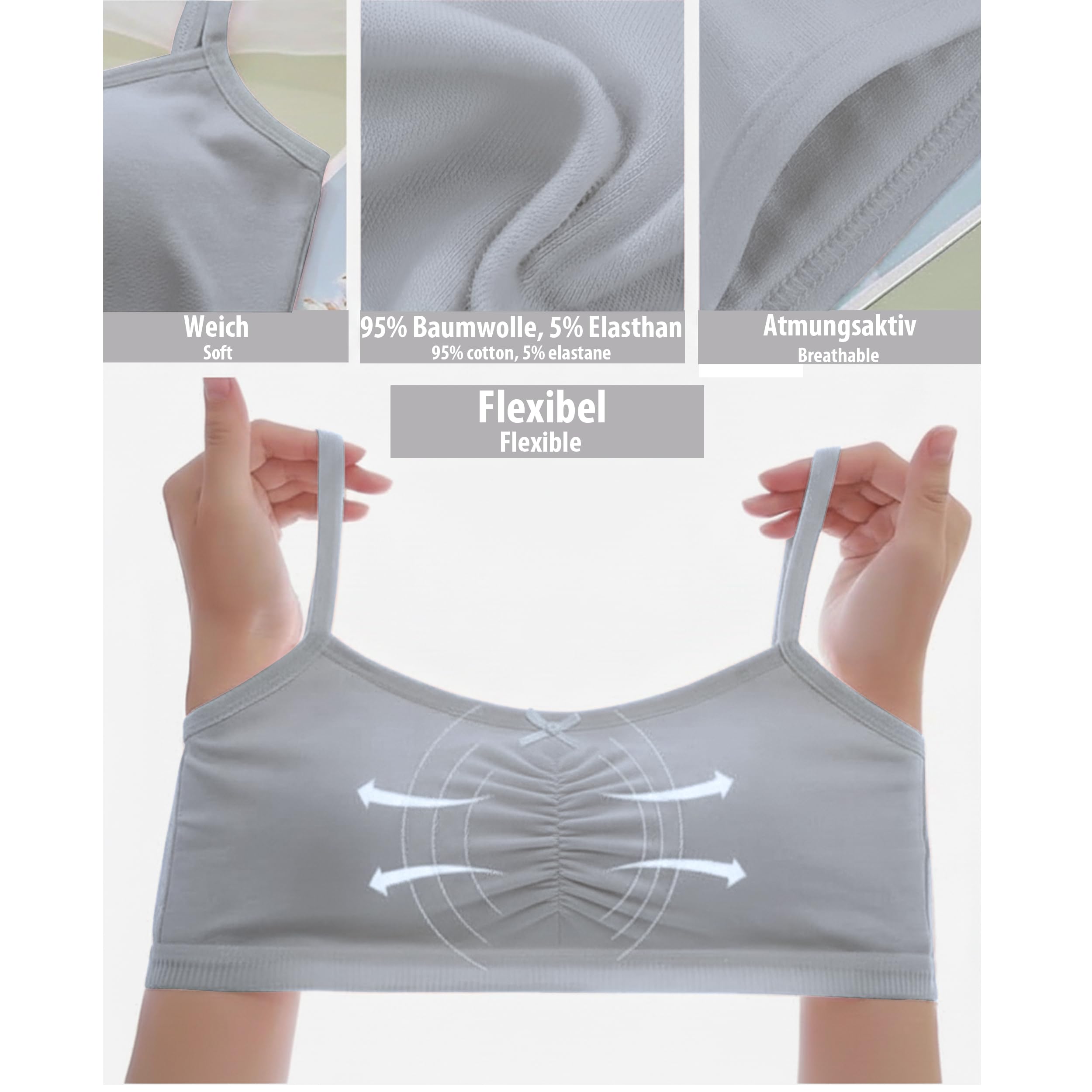 LOREZA ® Confezione da 5 Reggiseni Ragazza in Cotone Senza Ferretto, 10–17 Anni