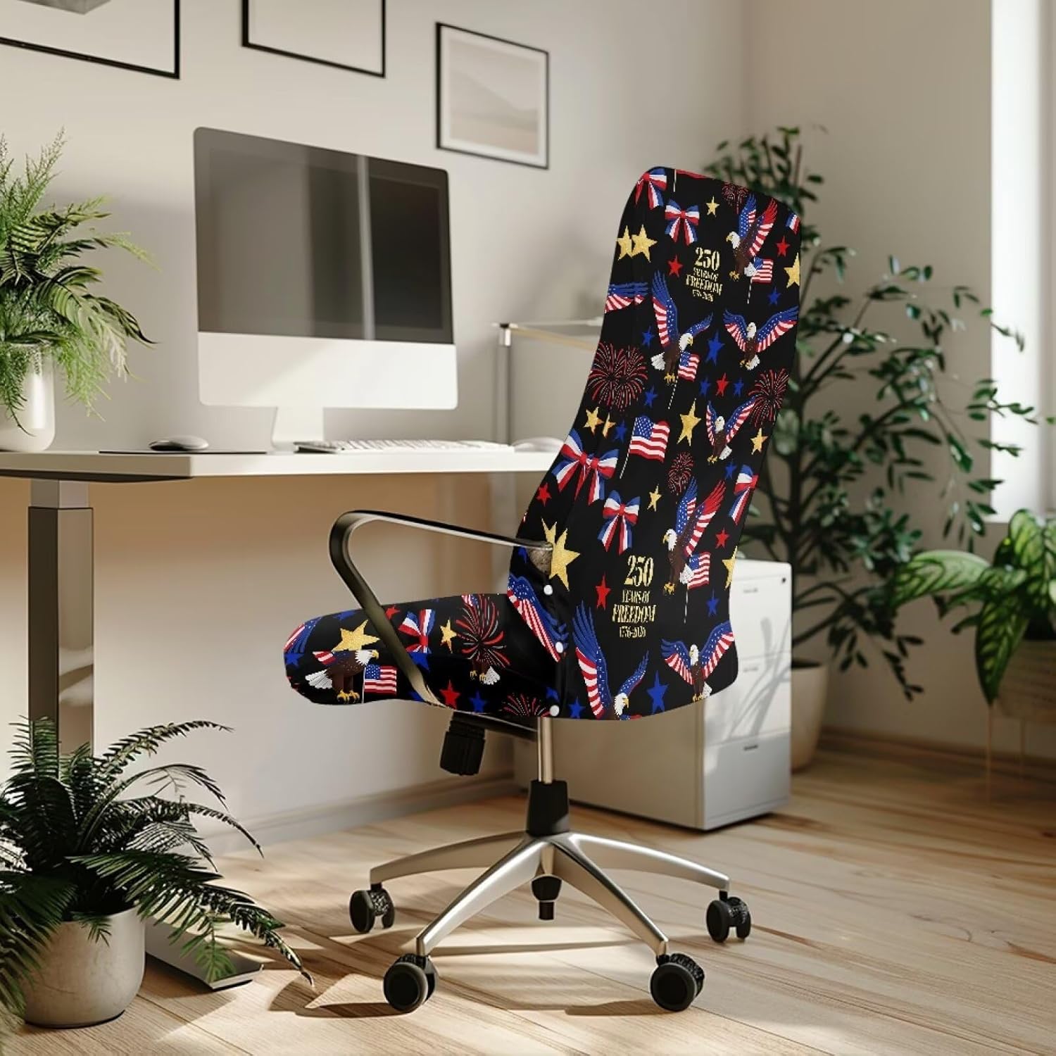 250 Years of Freedom Bald Eagle Manager Chair Cover Black Patriotic Flag and Fireworks Stretch Office Chair Cover Washable Chair Protector for USA 250th Anniversary Home Office Decor