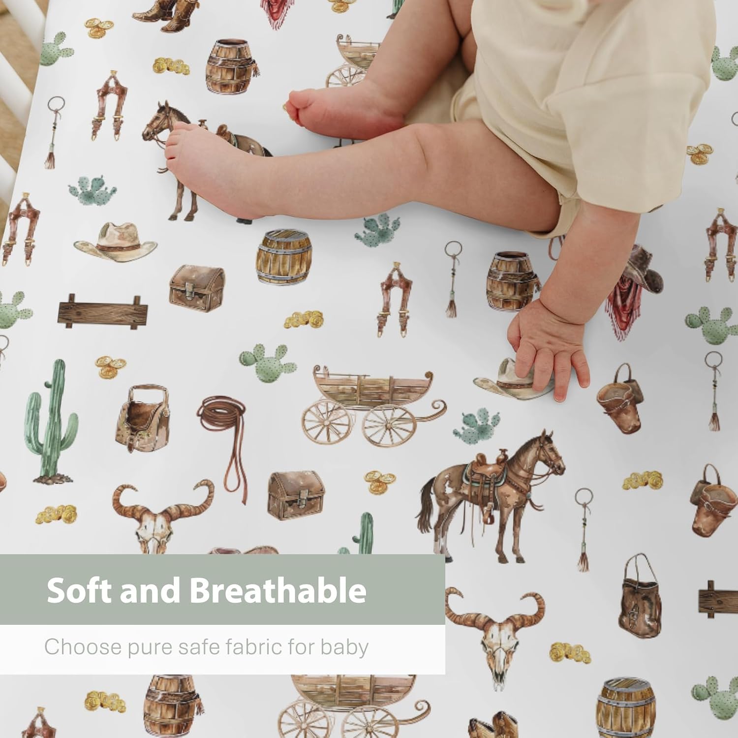 Western Cowboy Baby Crib Sheets for Boy 52"x28" Cowboys Horse Boots Hats Golds Cactus Soft Snug Fitted Crib Mattress Cover Wild West Cowboy Life Baby Sheet for Standard Crib & Toddler Bed Mattress
