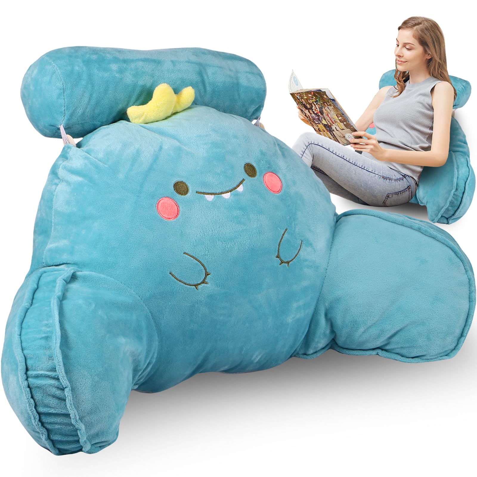 Yunyouc Dinosaur Reading Pillow For Bed, 70X43cm, Detachable Plush Back Support Cushion With Neck Arm Back Support, Washable Cuddle Gaming Cushion, Backrest Rest Pillow For Reading Watching Tv (Dinosaur)