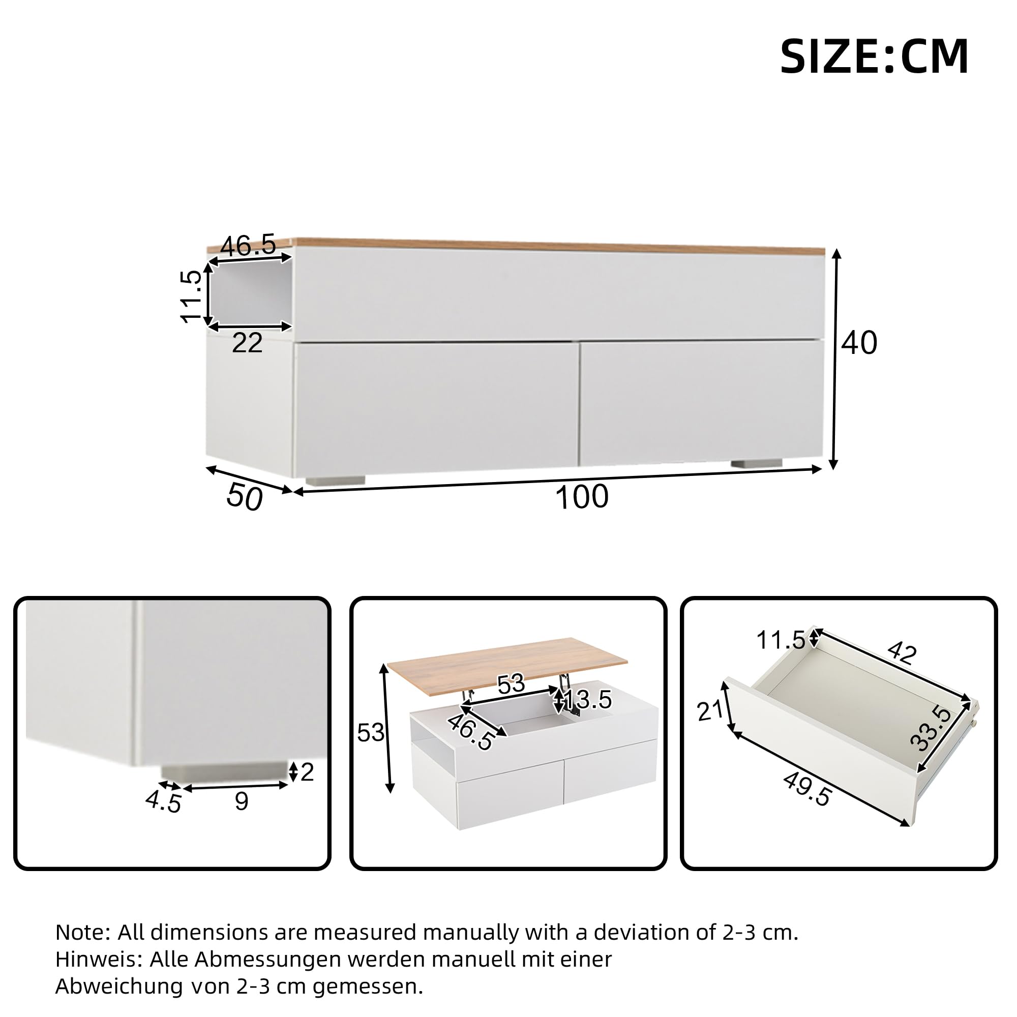 100 x 50 x 40 cm, stolik kawowy z regulacją wysokości, z ukrytym schowkiem, stolik do salonu z 2 szufladami, stolik kawowy z półotwartą przestrzenią do przechowywania, stolik pomocniczy w