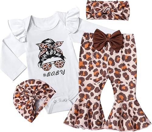 ADIFUN Baby Girl Clothes4pcs Newborn Girl Outfits Ruffle Romper Baby Bell Bottoms Headband Bandana Clothing Sets Gifts