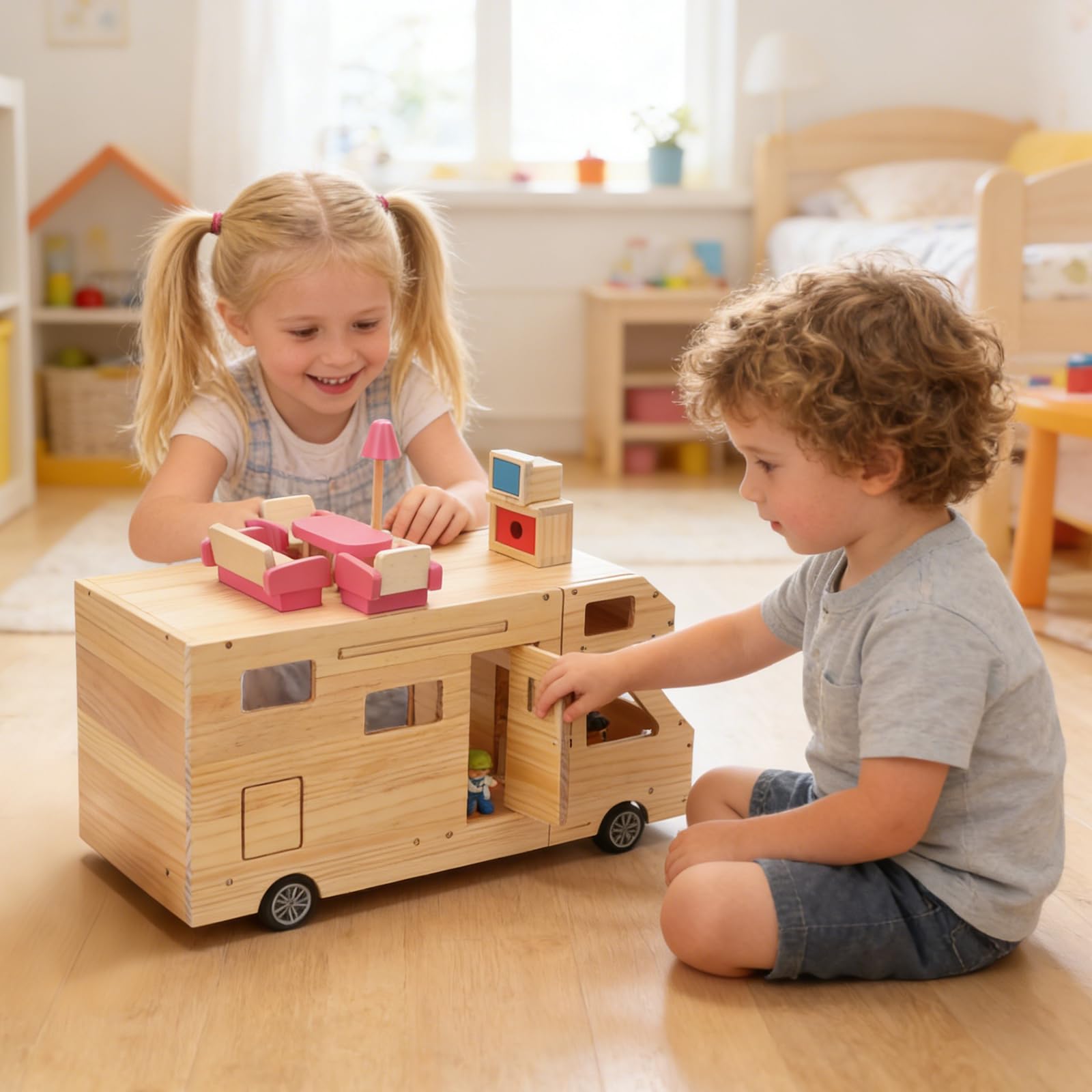 Wohnmobil, Puppenhaus für Kinder, Holz, rollendes Wohnmobil mit kompletten Möbeln | Reise Puppenhaus Spielzeug mit Miniaturräumen für Jungen & Mädchen Pretend Play Adventure Home