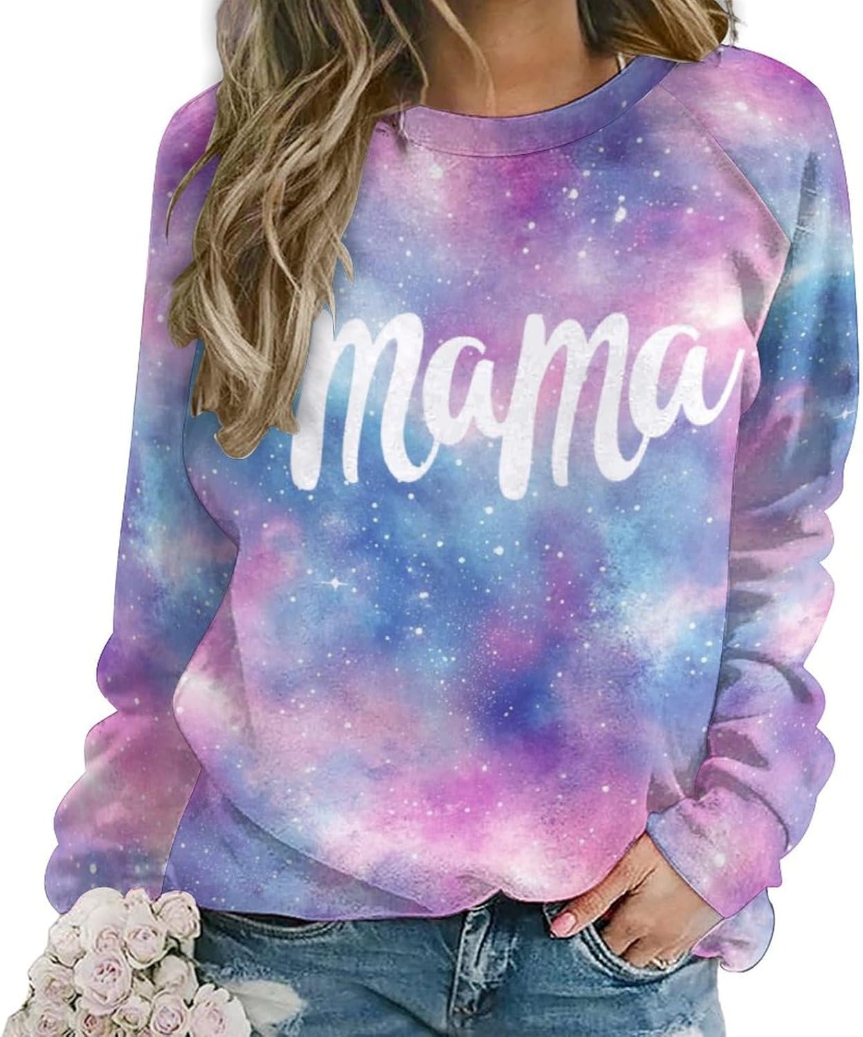 ZOCAVIA Mama Tie Dye Sweatshirts for Women Fashion Crewneck Pullover Tops Fall Casual Retro Forest Graphic Long Sleeve Shirts
