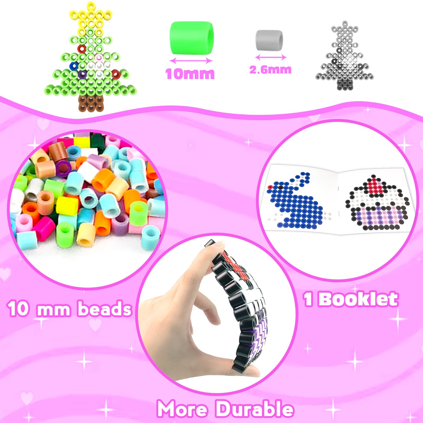 1000 Pezzi XL Perline da Stirare 10MM,Perline a Fusione con Custodia- 12 Colori, Pegboard, Guida Utente, Design gioielli, Decorazioni, Creativo Regali Compleanno Natalizio Fai-da-Te per Bambini