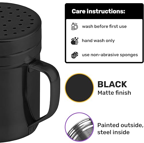 Miniatura 9 de CUSINIUM Salero de metal y pimienta, con asa, condimentos y especias con agujeros y tapas, 10 onzas, 2 piezas, estilo: mediano plateado,Negro