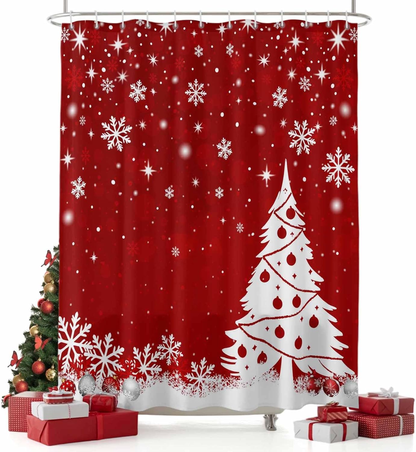 Red Christmas Shower Curtains Set with Hooks - 72 x 72 Inch, Red Xmas Tree Waterproof Standard Bath Curtains, Winter Snowflake Merry Christmas Privacy Curtain Panel Bathroom Accessories for Bathtub
