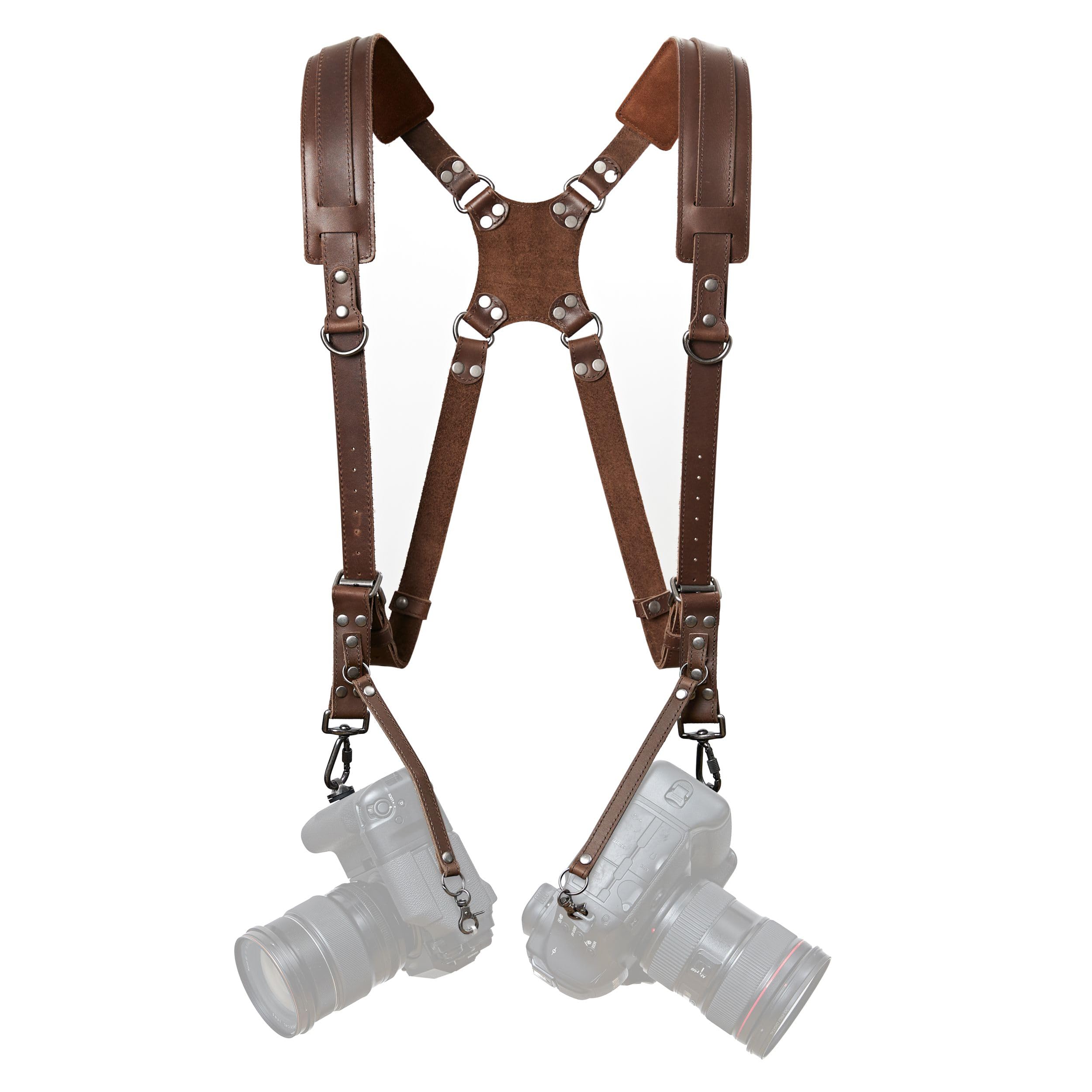 Padwa Lifestyle Brown Dual Camera Harness Strap for Two-Cameras - Dual Shoulder Full Grain Leather Harness,Multi Double Camera Gear for DSLR/SLR Strap,Double Camera Harness for Photographers
