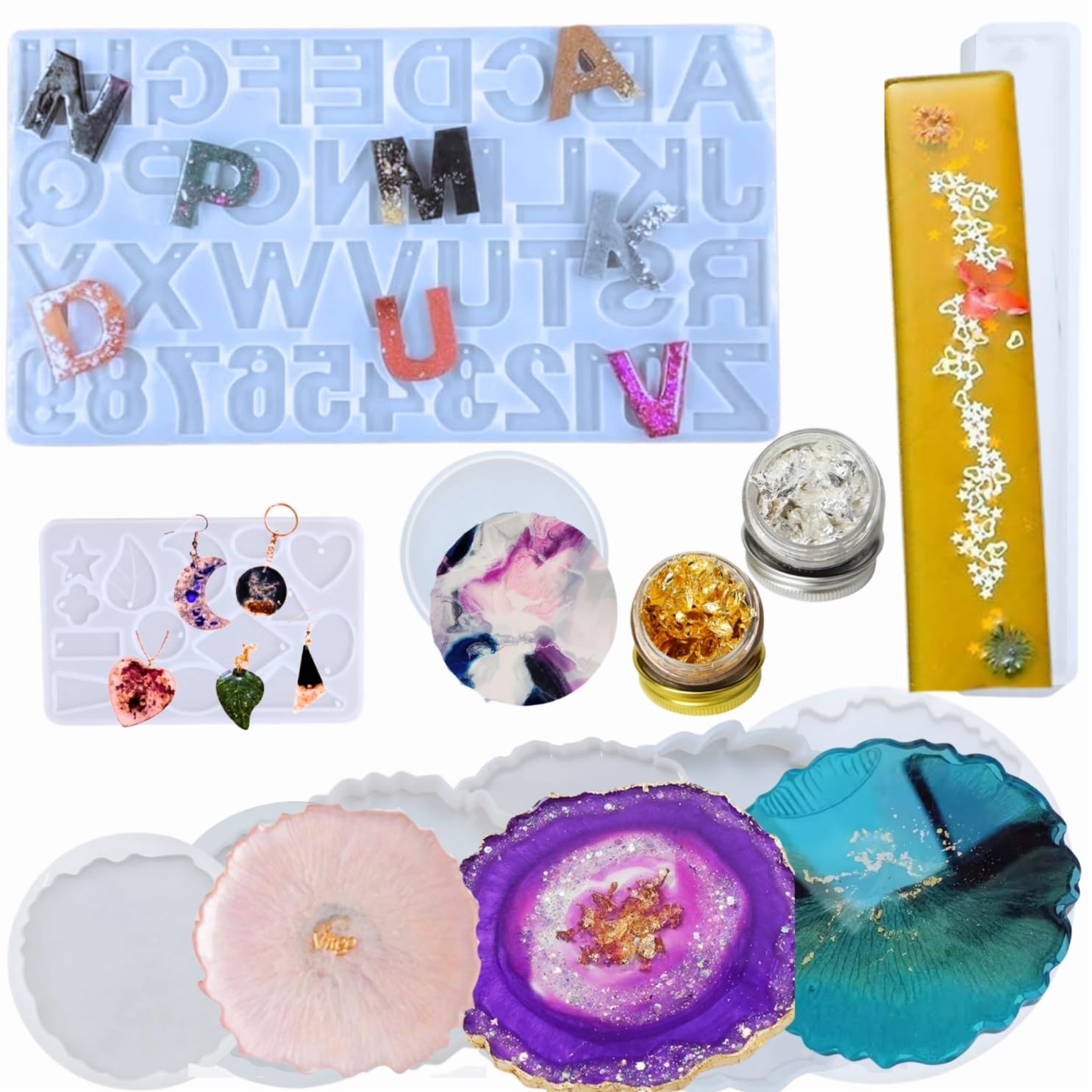 R H LIFESTYLE 13 Pcs Epoxy Resin Casting Mould Kit Resin Art Kit Resin Alphabet Mold Silicone Coaster Moulds for Resin Art Jewelry Making Mould Resin Moulds Set