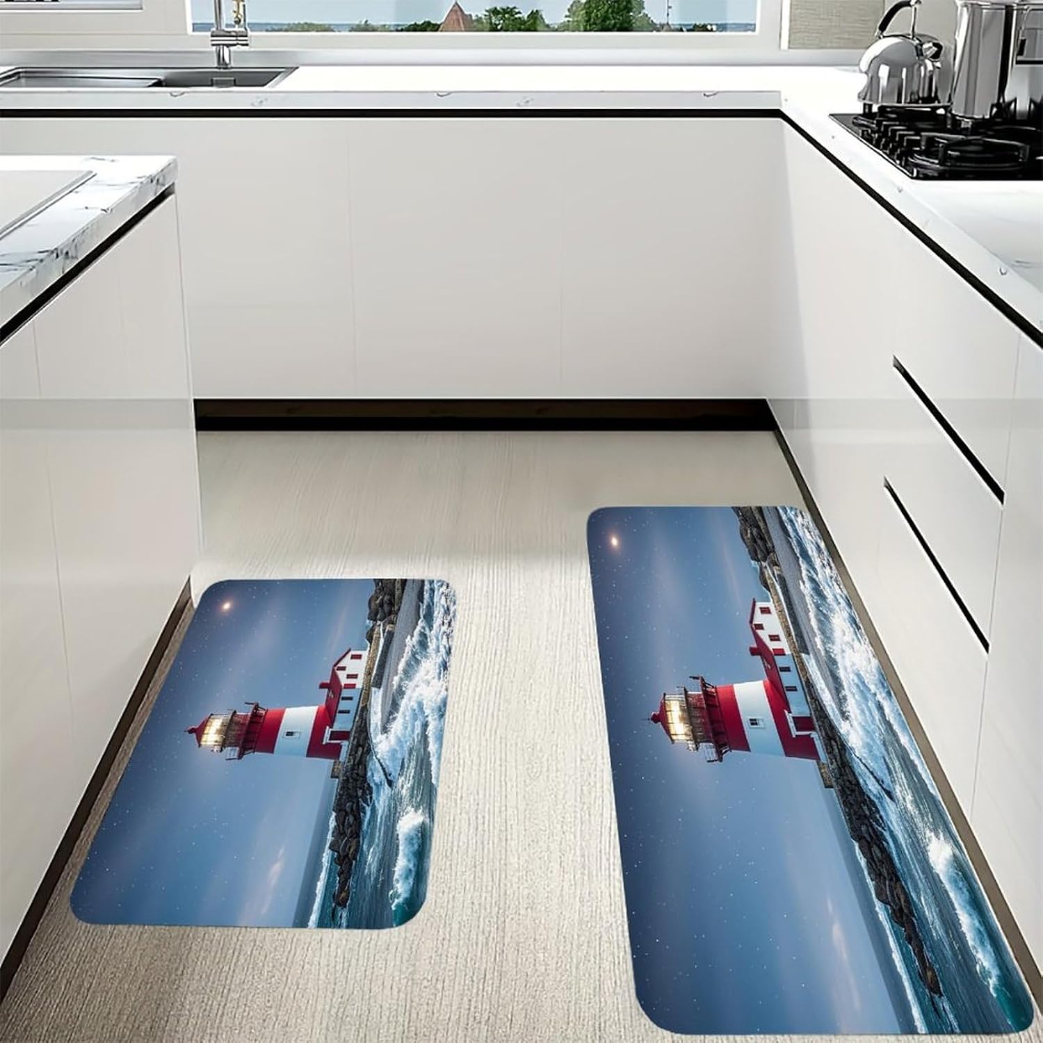 Lighthouse Ocean Kitchen Mats for Floor 2PCS Waterproof Non-Slip Kitchen Rugs Cushioned Anti-Fatigue Mat Heavy Duty Floor Mats Comfort Standing Mat for Kitchen Home Office Laundry image 3