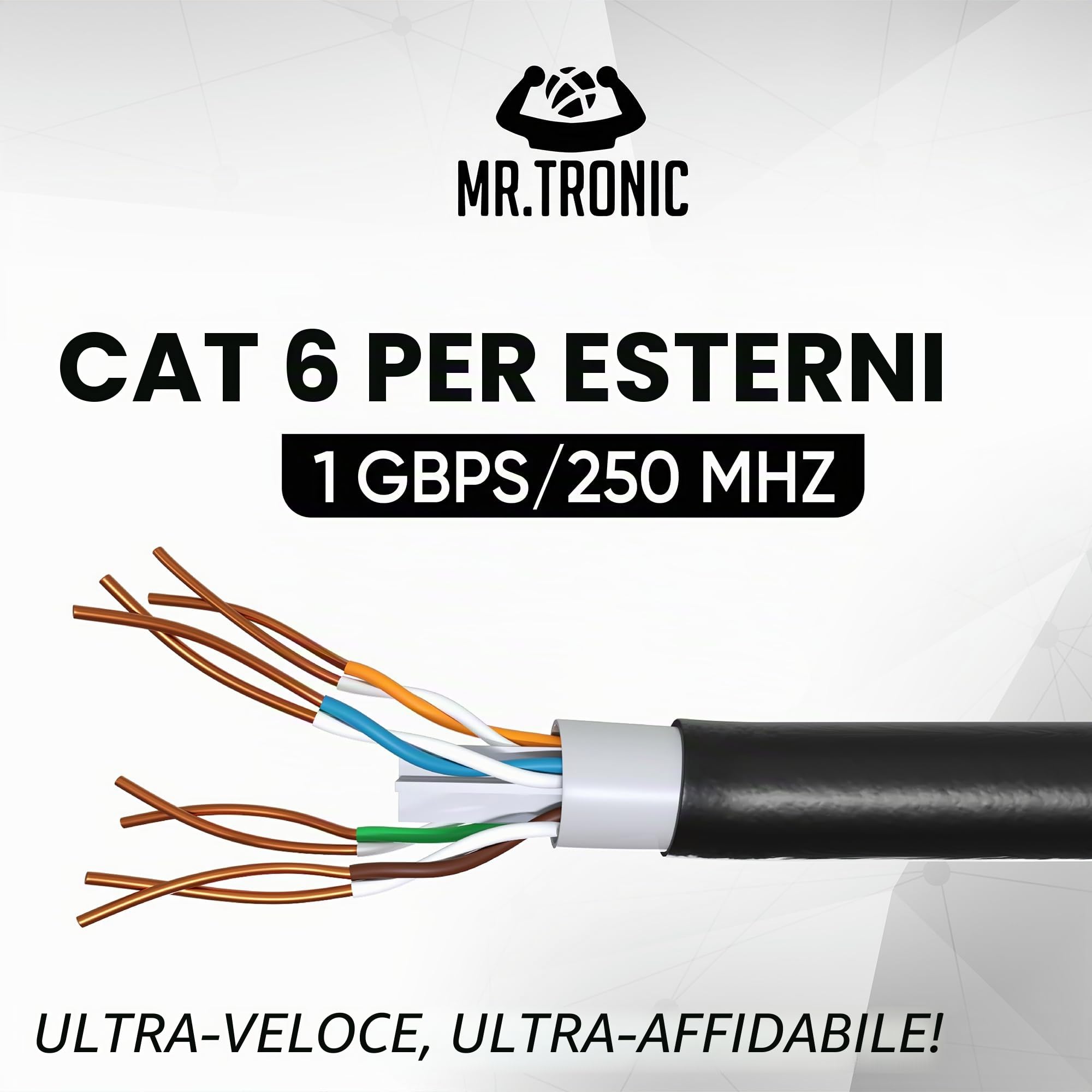Mr. Tronic Cavo Impermeabile Esterno Ethernet Cat 6 da 50m, Cavo di Rete LAN Cat 6 ad Alta Velocità Per Internet Veloce 1 Gbps - AWG24 Sfuso Senza Connettori RJ45, UTP CCA (50 Metri, Nero)