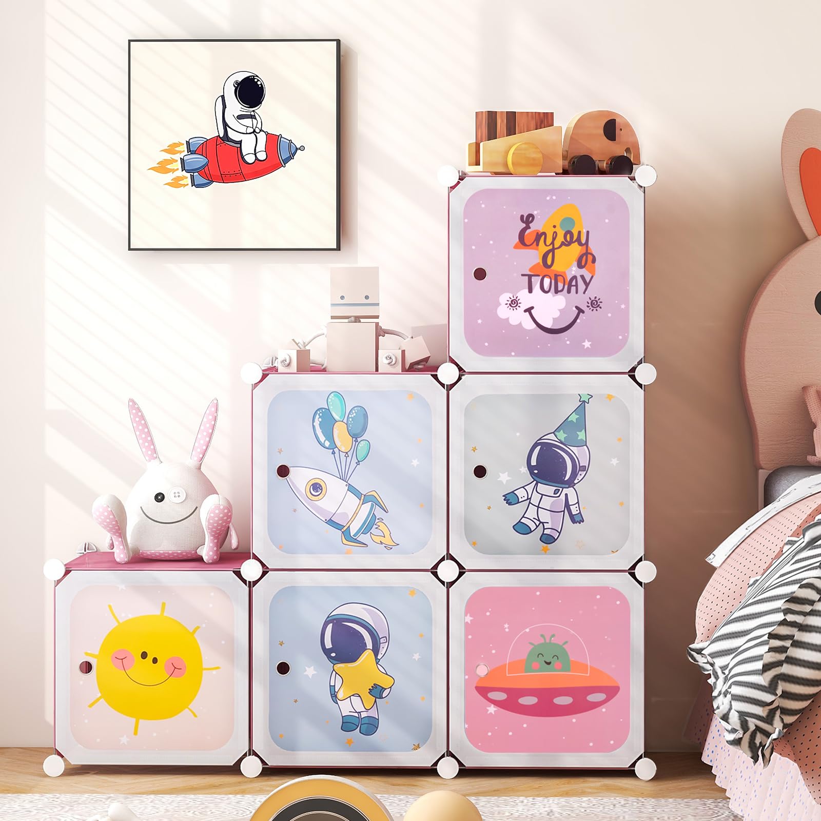 COSTWAY Armadio Portatile per Bambini, Organizzatore Modulari per Bambini a 8 cubi con Ante e Sezione Appendiabiti, Guardaroba Portatile per Sala Giochi Camera da Letto Asilo, 71x35,5x142 cm (Rosa)