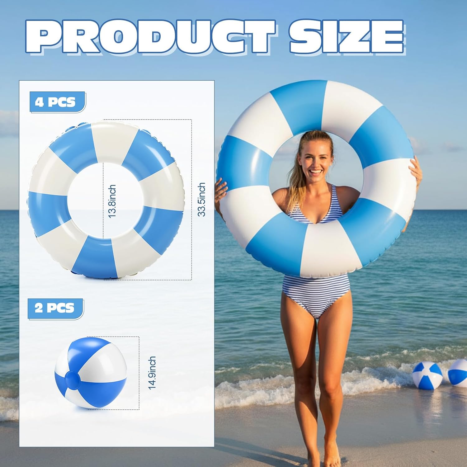 4 Pcs 35 Inch Jumbo Striped Inflatable Pool Floats with 2 pcs Beach Ball for Adults Swimming Pool Tubes for Summer Swimming Beach Party