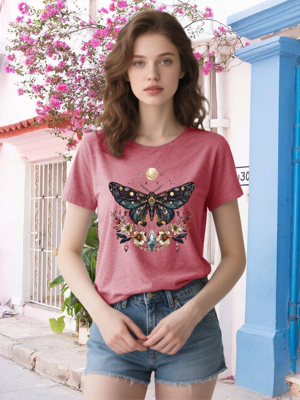 Women Vintage Moth T Shirts Mystical Moon Cottagecore Shirts Funny Witchy Graphic Tees Short Sleeve Tops - Image 2