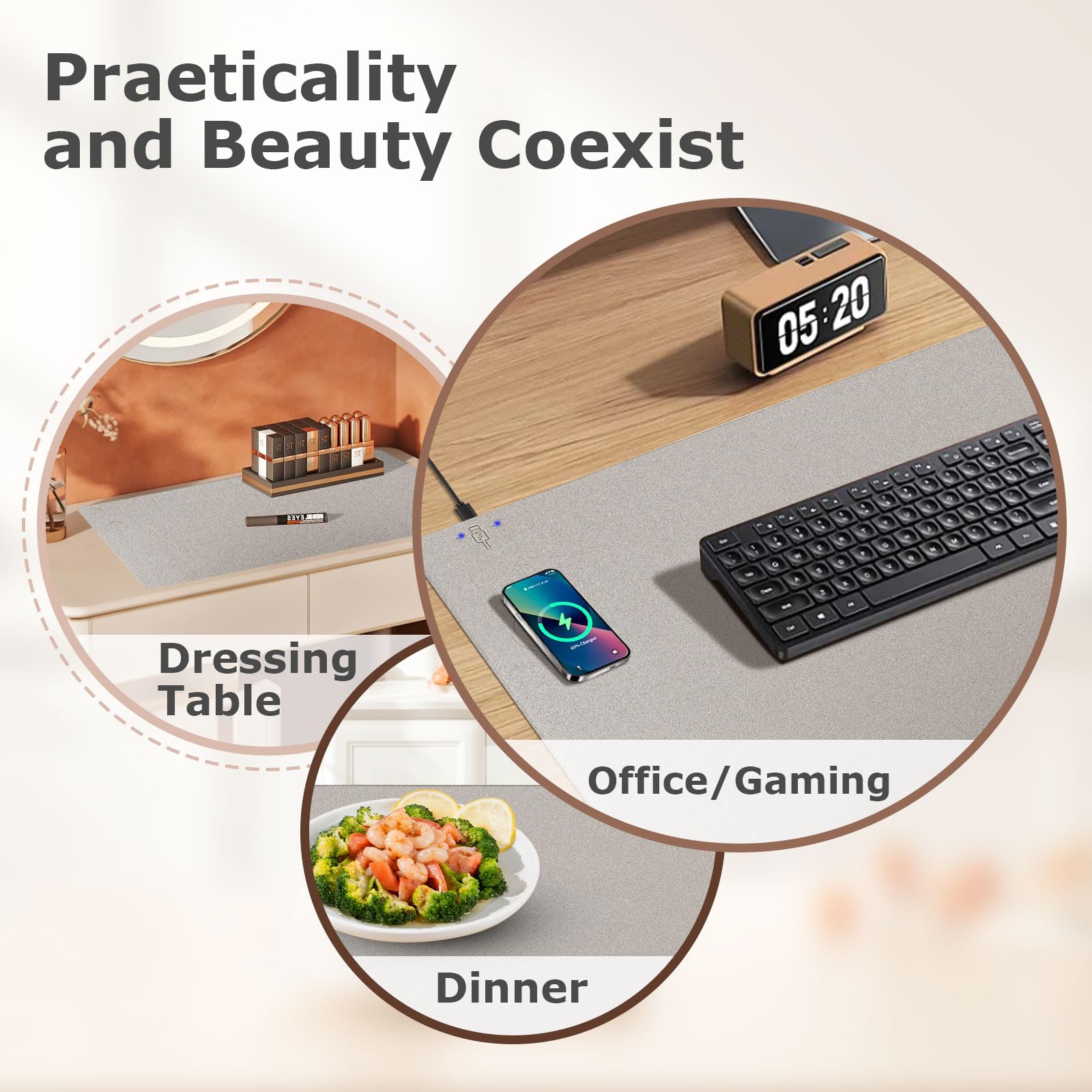 Tappetino per mouse 2 in 1 con ricarica wireless, multifunzione, in pelle, con base in gomma antiscivolo, tappetino da scrivania impermeabile per computer, ufficio, lavoro, casa, decorazione