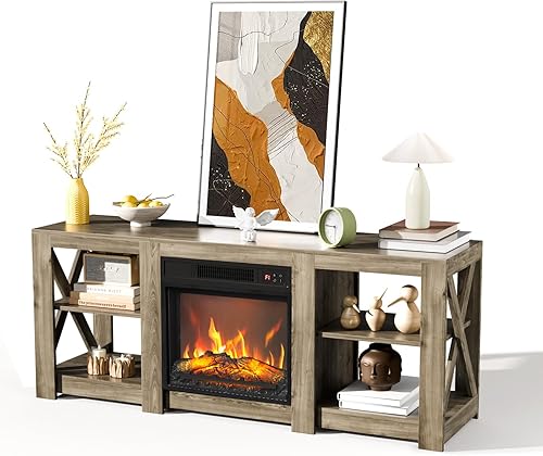 Miniatura 6 de VINGLI Soporte de TV con Chimenea para Televisores de hasta 70 Pulgadas, Centro de Entretenimiento Estilo Granja con Calentador de Chimenea Roble