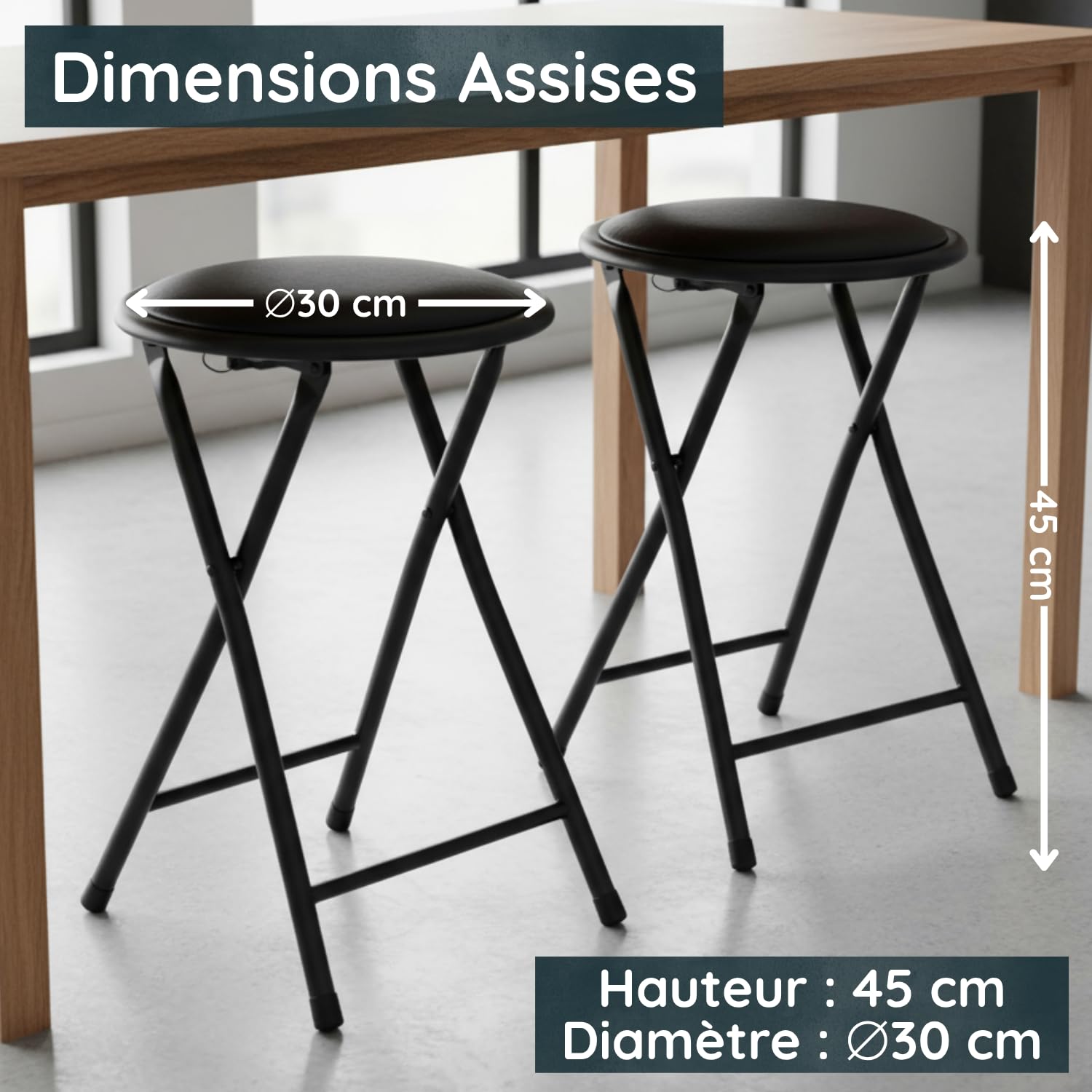 Tabouret Pliant Noir Lot de 2 – Structure Acier Robuste – Verrouillage Sécurisé – Idéal Cuisine Bureau Atelier
