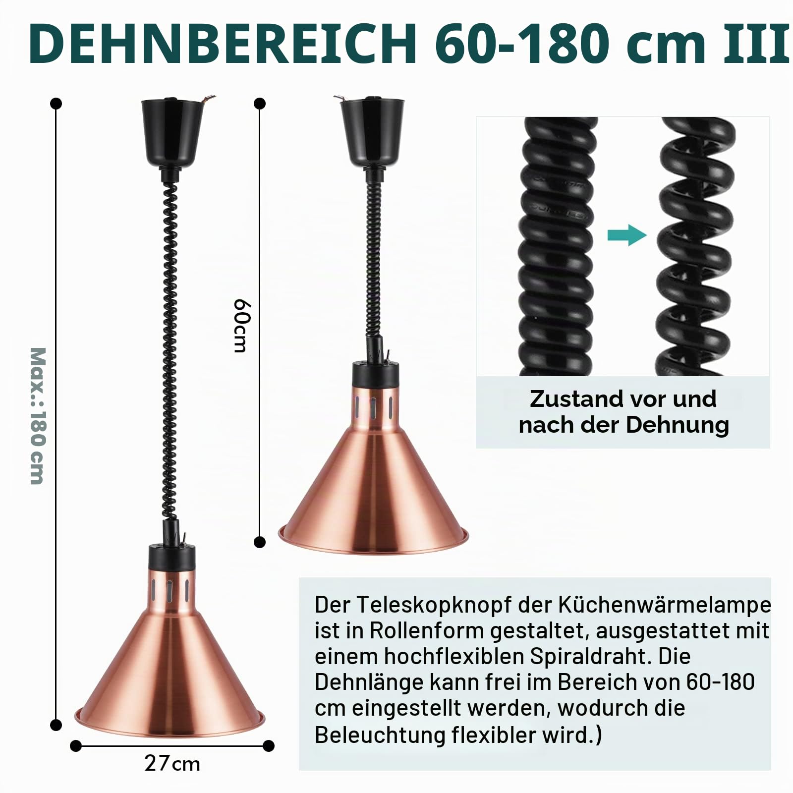 YJINGRUI 250W Wärmelampe küche, Wärmelampe Buffet Einziehbares 60-180cm | 27 cm Edelstahl Lampenschirm, Infrarot-Wärmelampe Gastro für Restaurant, Buffet, Hotel und Catering (kupferrot)