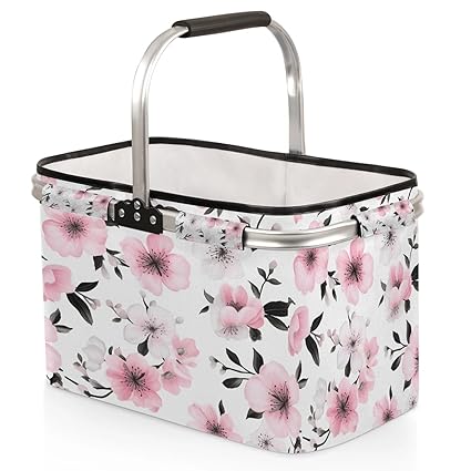 Kizmoglux Cherry Blossom Flower Floral Collapsible Market Basket, Foldable Picnic Basket - Large Shopping Basket with Handles, Portable Folding Bag for Shopping Camping Picnic