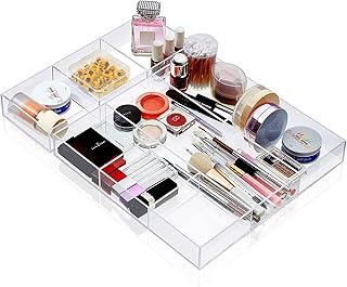 مجموعة منظم أدراج اكريليك، 2 قطعة صواني أدراج شفافة مع فواصل 6 أقسام و3 أقسام، 30 × 30 × 4 سم، للمكياج واللوازم المكتبية والمجوهرات والتنظيم المنزلي من بيست ميديا، شفاف