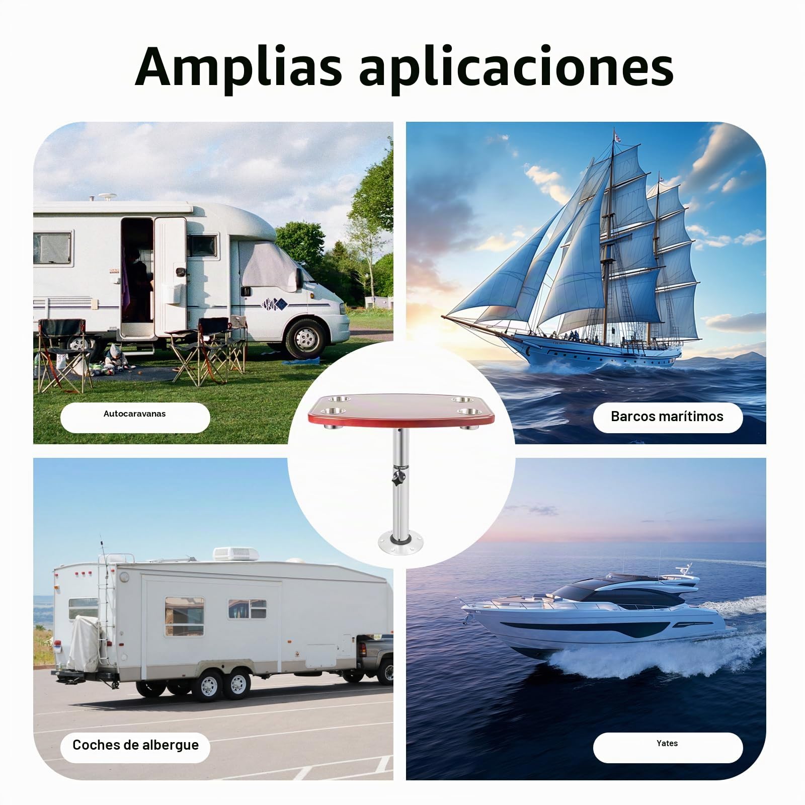 MccoMMon Mesa plegable de roble de 22 a 28 pulgadas, mesa telescópica para barco, con 4 soportes para bebidas y pedestal, para caravanas