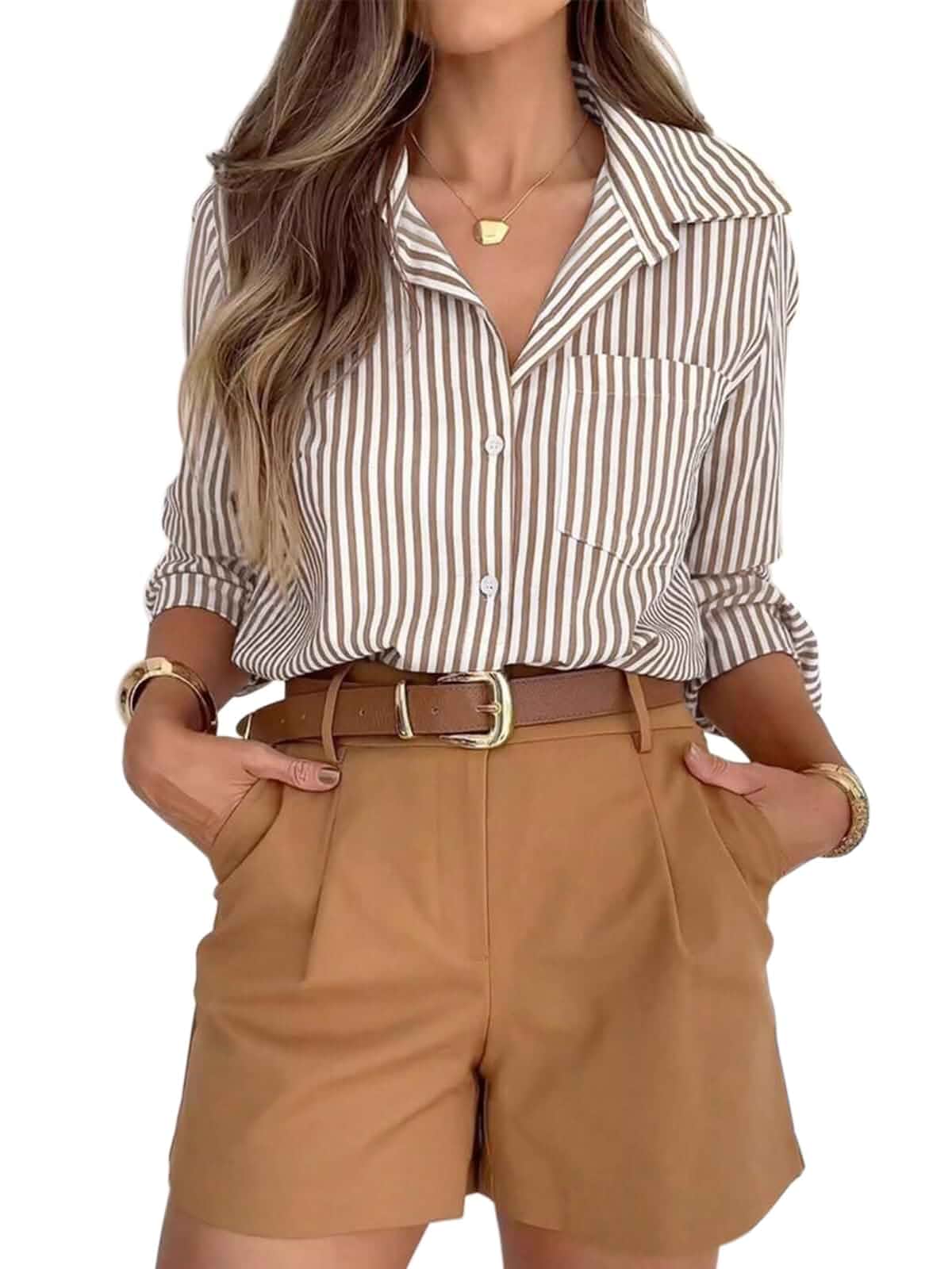 siliteelon Button Down Striped Shirts for Women Work Collared Dress Blouses Old Money Business Casual Outfits, Blouses for Women Dressy Casual Formal, Long Sleeve Professional Office Tops with Pocket