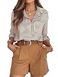 siliteelon Striped Button Down Shirts for Women Dress Shirts Long Sleeve Casual Collared Office Work Shirt with Pocket Brown Large